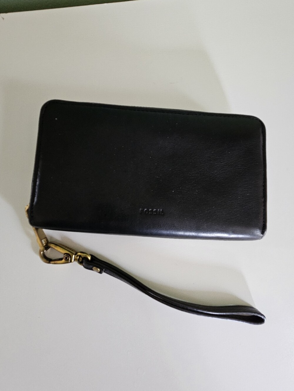 Fossil Black Leather Zip-Around Wristlet with Gold Hardware